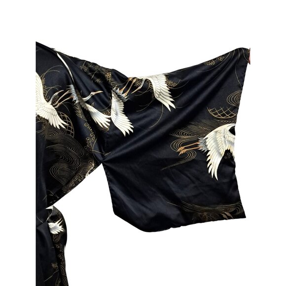 Vintage 70s Japanese Kimono Robe Black Satin Cranes Clouds Made in Japan Tag Rea - Picture 3 of 11